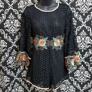 MESH NET BLACK SOLARIS STYLE CROCHET EMBROIDERED ROMPER JUMPER ROSES
